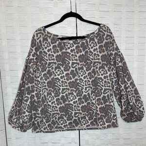 Venus Women’s Brown Muted Animal Print Balloon Sleeve Oversized Top Size Medium